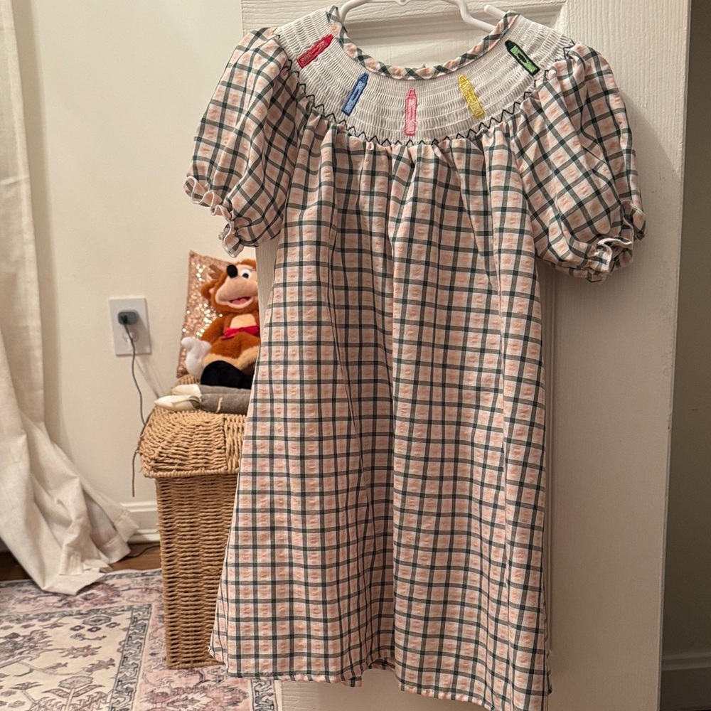 Plaid smocked Dress with Embroidered Accents